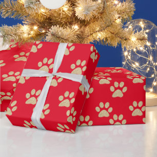 Cute Gold Glitter Paw Drukt Pet Lovers Red Cadeaupapier