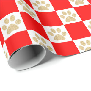 Cute Gold Glitter Paw Print Red Checkered Pattern Cadeaupapier