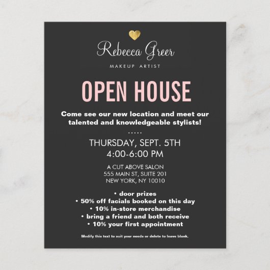 Cute Gold Heart Black Beauty Salon Open House Menu (Voorkant)