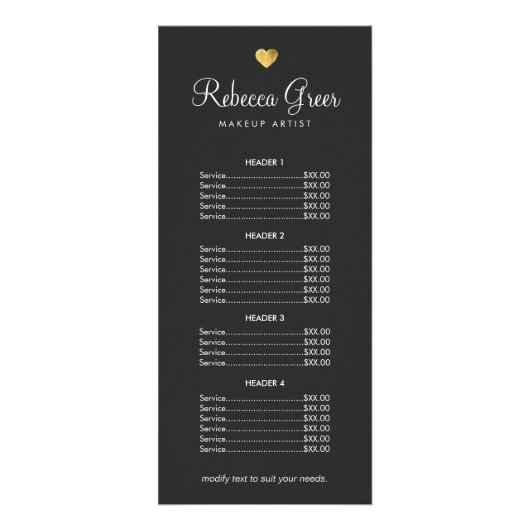 Cute Gold Heart Black Beauty Salon Prix Menu (Devant)