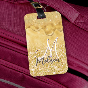 Cute gold ombre glitter druppelt monogram bagagelabel