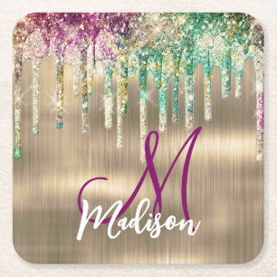 Cute gold unicorn Glitter Driemonogram Vierkante Kartonnen Onderzetter