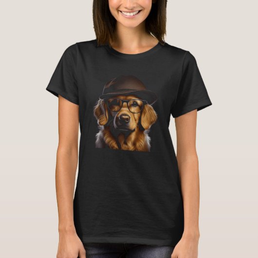 Cute Golden Retriever Dog With Hat And Glasses Gra T-shirt (Voorkant)