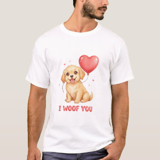 Cute Golden Retriever Puppy I Woof You Valentine  T-shirt