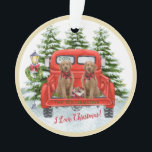 Cute Goldendoodles Vintage Camion Rouge<br><div class="desc">Vous pourriez tomber amoureux de cette scène — les adorables chiots Goldendoodle ; le camion rouge vintage avec les arbres couverts de neige dans l'arrière - plan et le lampadaire avec la couronne de vacances. "I Love Christmas" est le message — et vous pouvez ajouter l'année et le nom de...</div>