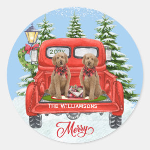 Cute Goldenle Puppies Red Truck Ronde Sticker