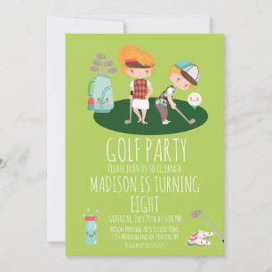 Cute Golf Birthday Party Boy Girl Green Invitation Kaart