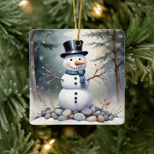 Cute Gorgeous Snowman Frosted Landscape Forest Keramisch Ornament (Boom)