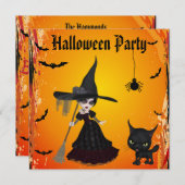 Cute Gothic Witch & Cat Halloween Party Kaart (Voorkant / Achterkant)