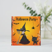 Cute Gothic Witch & Cat Halloween Party Kaart (Staand voorkant)