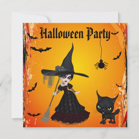 Cute Gothic Witch & Cat Halloween Party Kaart (Voorkant)