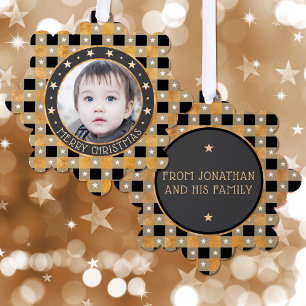 Cute Gouden Buffalo Plaid & Sterren Kerstmis Ornament Kaart