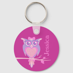 Cute grafische uil meisjes roze naam sleutelhanger