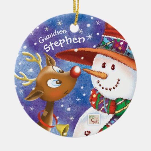 Cute Grandson, Snowman & Deer, Kerstmis Keramisch Ornament (Voorkant)