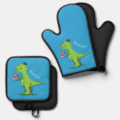 Cute grappengroene t rex dinosaur cartoon ovenwant & pannenlap set (Voorkant / Achterkant)