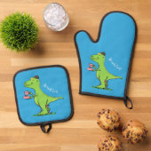 Cute grappengroene t rex dinosaur cartoon ovenwant & pannenlap set (Top down)