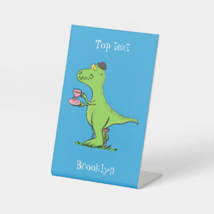 Cute grappengroene t rex dinosaur cartoon reclamebord met voetstuk