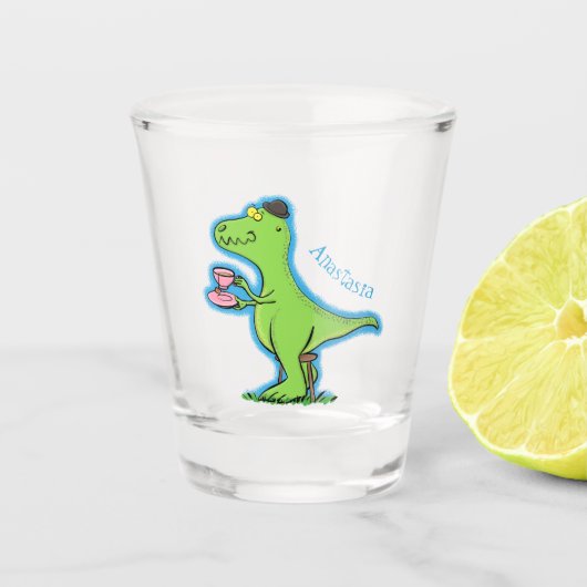 Cute grappengroene t rex dinosaur cartoon shot glas (Voorkant)