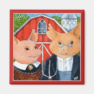 Cute grappic American Gothic pig boerderij magnet Magneet