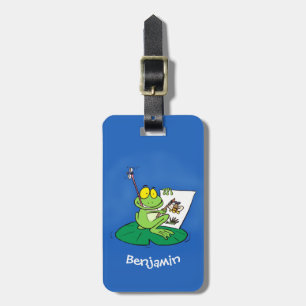 Cute Grappig green frog cartoon Illustration Bagagelabel