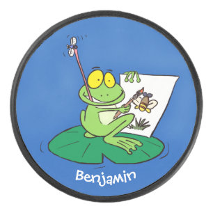 Cute Grappig green frog cartoon Illustration Hockey Puck
