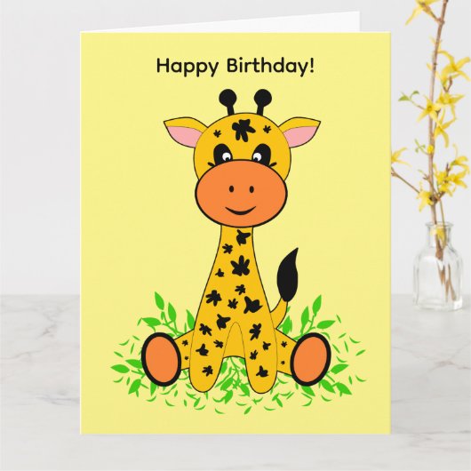 Cute grappige baby giraffe voor verjaardag kaart (Gele Bloem)