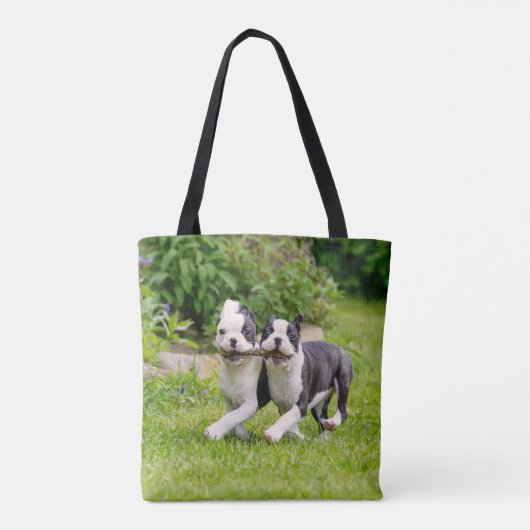 Cute grappige Boston Terrier dogs puppies spelen - Draagtas (Achterkant)