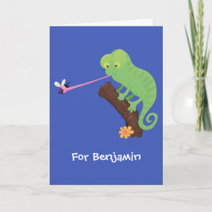 Cute grappige groene chameleon lizard cartoon kaart