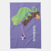 Cute grappige groene chameleon lizard cartoon theedoek (Verticaal)