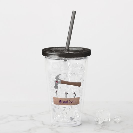 Cute, grappige hamer en nagels cartoon illustratie acryl drinkbeker (Achterkant ijs)