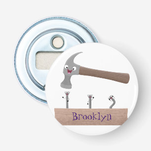 Cute, grappige hamer en nagels cartoon illustratie button flesopener
