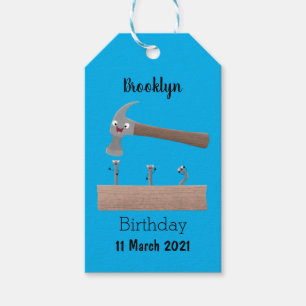 Cute, grappige hamer en nagels cartoon illustratie cadeaulabel