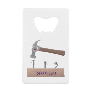 Cute, grappige hamer en nagels cartoon illustratie kredietkaart flessenopener