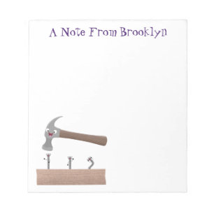 Cute, grappige hamer en nagels cartoon illustratie notitieblok