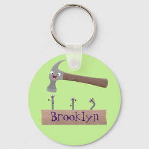 Cute, grappige hamer en nagels cartoon illustratie sleutelhanger