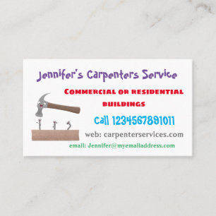 Cute, grappige hamer en nagels cartoon illustratie visitekaartje