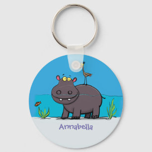 Cute grappige hippopotamus met vogelcartoon sleutelhanger