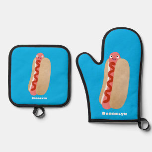 Cute grappige hotdog Weiner cartoon Ovenwant & Pannenlap Set
