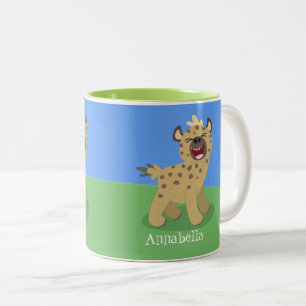 Cute grappige hyena lachende cartoon illustratie tweekleurige koffiemok