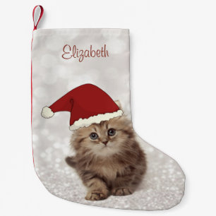 Cute Grappige Kat Met Kerstman Hoed,Glitterende Bo Kleine Kerstsok