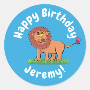 Cute grappige leeuw met vlinder cartoon ronde sticker