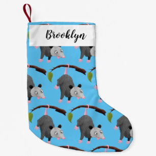 Cute grappige opossum aan de cartoon van de tak kleine kerstsok