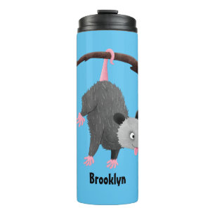 Cute grappige opossum aan de cartoon van de tak thermosbeker