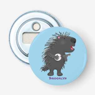 Cute grappige porcupine die banjo-cartoon speelt button flesopener