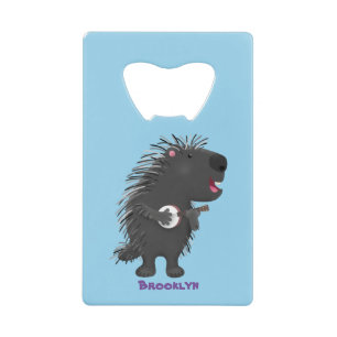 Cute grappige porcupine die banjo-cartoon speelt kredietkaart flessenopener
