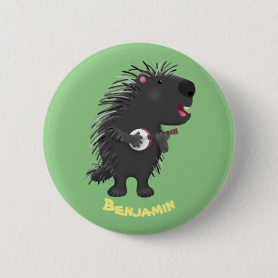 Cute grappige porcupine die banjo-cartoon speelt ronde button 5,7 cm