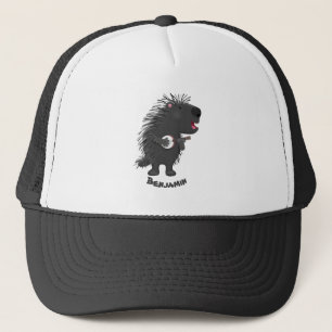Cute grappige porcupine die banjo-cartoon speelt trucker pet