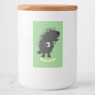 Cute grappige porcupine die banjo-cartoon speelt voedselcontainer etiket