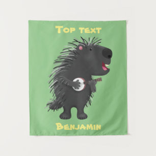 Cute grappige porcupine die banjo-cartoon speelt wandkleed