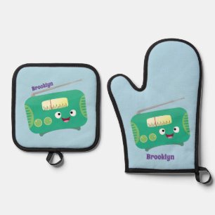 Cute grappige retro radio cartoon ovenwant & pannenlap set